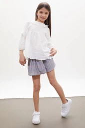 Lila Simli Ekose Desenli Şort Etekli Gömlekli Kız Takım 18260 - 1