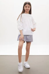 Lila Simli Ekose Desenli Şort Etekli Gömlekli Kız Takım 18260 - 2