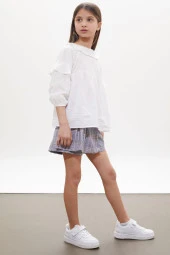 Lila Simli Ekose Desenli Şort Etekli Gömlekli Kız Takım 18260 - 5