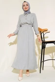 Beli Lastikli Kuşaklı Keten Elbise Gri thumbnail 1