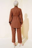 Cepleri Taş Detaylı Keten İkili Takım Kahve thumbnail 3