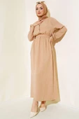Beli Lastikli Kuşaklı Keten Elbise Latte thumbnail 1