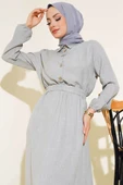 Beli Lastikli Kuşaklı Keten Elbise Gri thumbnail 2