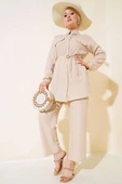 Cepleri Taş Detaylı Keten İkili Takım Bej thumbnail 2
