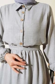 Beli Lastikli Kuşaklı Keten Elbise Gri thumbnail 4