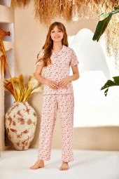 Kız Çocuk Pembe Melanj Gömlek Yaka Pijama Takımı - 2