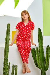 Kız Çocuk Kırmızı Fil Desenli Gömlek Yaka Pijama Takımı - 1