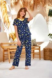 Kız Çocuk Uzay Desenli Gömlek Yaka Pijama Takımı - 3