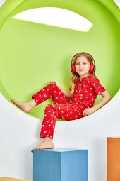 Kız Çocuk Kırmızı Desenli Pijama Takımı thumbnail 3