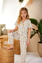 Kız Çocuk Arı Baskılı Önden Düğmeli Bej Melanj Pijama Takımı - 2