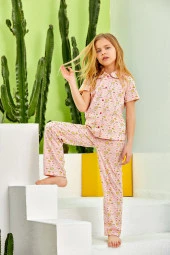 Kız Çocuk Pembe Melanj Güneş Desenli Pijama Takımı - 1