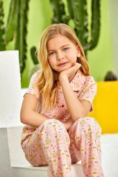 Kız Çocuk Pembe Melanj Güneş Desenli Pijama Takımı - 2