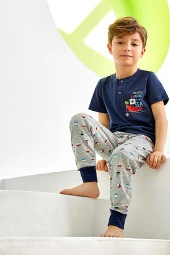 Erkek Çocuk Gemi Desenli Paçası Lastikli Pijama Takımı - 1