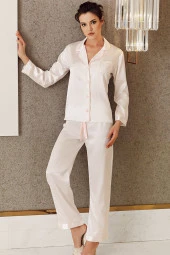 Kadın Cep Detaylı Saten Pijama Takımı Ekru - 1