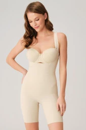 Kadın Ten Mikro Kumaş Göğüs Altı Yapıştırma Paçaları Silikon Bantlı Altı Açık Paçalı Sıkı Badi Korse - 1