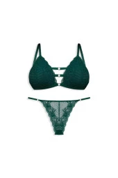 Kadın Yeşil Renk Dantelli Transparan Sütyen Takım - 1