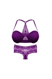Kadın Violet Renk Dantelli Transparan İp Detaylı Sütyen Takım - 1