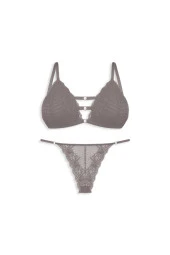 Kadın Vizon Renk Dantelli Transparan Sütyen Takım - 1