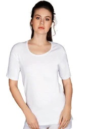 Kadın Beyaz Pamuklu Ribana Geniş Yaka Kısa Kol Fanila T-Shirt - 1