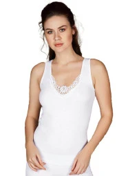 Kadın Beyaz Pamuklu Ribana Yakası İşlemeli Geniş Askılı Atlet - 2