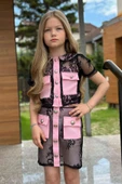 Kız Çocuk Transparan Dantel İşlemeli İçi Astarlı Cep Detaylı Pempe Etekli Takım thumbnail 7