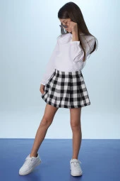 Siyah Kare Desenli Şort Etekli Fiyonklu Gömlekli Kız Çocuk Takım 18400 - 2