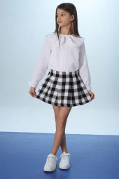 Siyah Kare Desenli Şort Etekli Fiyonklu Gömlekli Kız Çocuk Takım 18400 - 3