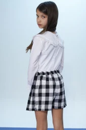 Siyah Kare Desenli Şort Etekli Fiyonklu Gömlekli Kız Çocuk Takım 18400 - 4