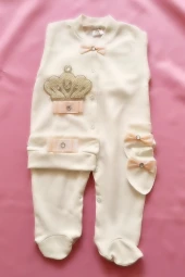 Kurdele Detaylı Taş Işlemeli Beyaz 3'lü Bebek Tulum Seti thumbnail 5