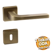 Tog Antik Sarı Oda Kapı Kolu Kare Rozetli Sürgülü ve Çelik Kapı Kulpu Uyumlu Sağ Sol Uygun Kolları thumbnail 1