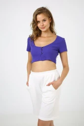 Kadın Mor Düğmeli Crop Top b21-5025 - 1