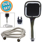 Duş Seti Banyo Duş Başlığı Seti Fiskiyesi Telefonu Kare Başlık Metal Hortum Siyah - 1