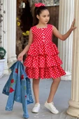 Kız Çocuk Çiçek Baskılı Kot Ceket Puantiyeli Kat Kat Piliseli Kırmızı Elbise - 8
