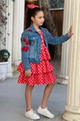 Kız Çocuk Çiçek Baskılı Kot Ceket Puantiyeli Kat Kat Piliseli Kırmızı Elbise - 5