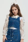 Kız Çocuk Yakası Taş İşlemeli Dantelli Bluz Mavi Jean Jile Etekli Takım - 2