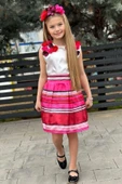 Kız Çocuk Sıfır Kol Üzeri 3D Gül İşlemeli Bluz Renkli Şerit Detaylı Fuşya Etekli Takım thumbnail 1