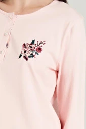 Kadın Klasik Çicek Desenli Yakası Düğmeli Uzun Kol Pijama Takımı - 2