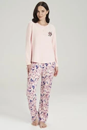 Kadın Klasik Çicek Desenli Yakası Düğmeli Uzun Kol Pijama Takımı - 3