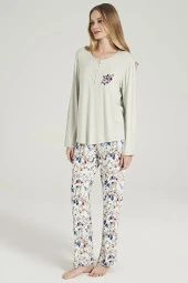 Kadın Klasik Çicek Desenli Yakası Düğmeli Uzun Kol Pijama Takımı - 8