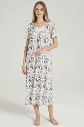 Kadın Klasik Çicek Desenli Yarım Kol Kare Yakalı Gecelik Elbise - 4