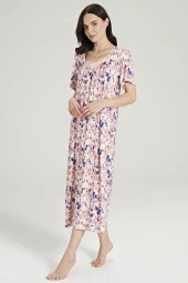 Kadın Klasik Çicek Desenli Yarım Kol Kare Yakalı Gecelik Elbise - 6