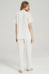 Kadın Simli Çizgi Desenli Önden Düğmeli Gömlek Yakalı Pijama Takımı - 5