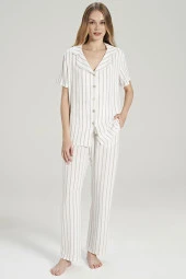 Kadın Simli Çizgi Desenli Önden Düğmeli Gömlek Yakalı Pijama Takımı - 1