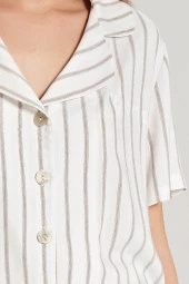 Kadın Simli Çizgi Desenli Önden Düğmeli Gömlek Yakalı Pijama Takımı - 2