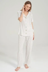 Kadın Simli Çizgi Desenli Önden Düğmeli Gömlek Yakalı Pijama Takımı - 3