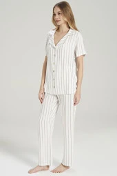 Kadın Simli Çizgi Desenli Önden Düğmeli Gömlek Yakalı Pijama Takımı - 4