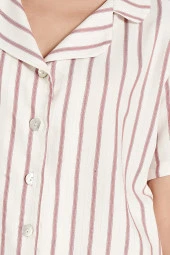 Kadın Simli Çizgi Desenli Önden Düğmeli Gömlek Yakalı Pijama Takımı - 7