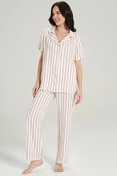Kadın Simli Çizgi Desenli Önden Düğmeli Gömlek Yakalı Pijama Takımı - 8
