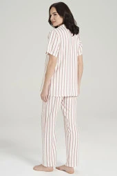 Kadın Simli Çizgi Desenli Önden Düğmeli Gömlek Yakalı Pijama Takımı - 9