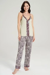 Kadın Etnik Desen İp Askılı Önden Düğmeli 3'lü Pijama Takımı - 4